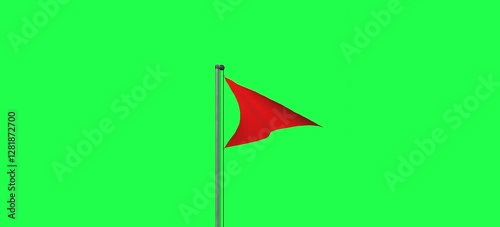  red triangular flag is raised high on a pole, red flag waving against a green background, symbolizing a swimming hazard.