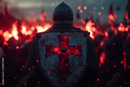 Courageous knight stands before a fiery battlefield at dusk, ready for the next clash in a medieval conflict photo