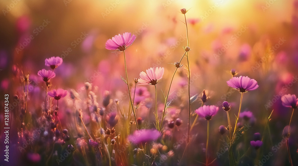 A vibrant field of blooming flowers bathed in warm sunlight, showcasing shades of pink and purple, creating a serene and enchanting atmosphere. A vibrant field of blooming flowers bathed in warm sunlight, showcasing shades of pink and purple, creating a serene and enchanting atmosphere.