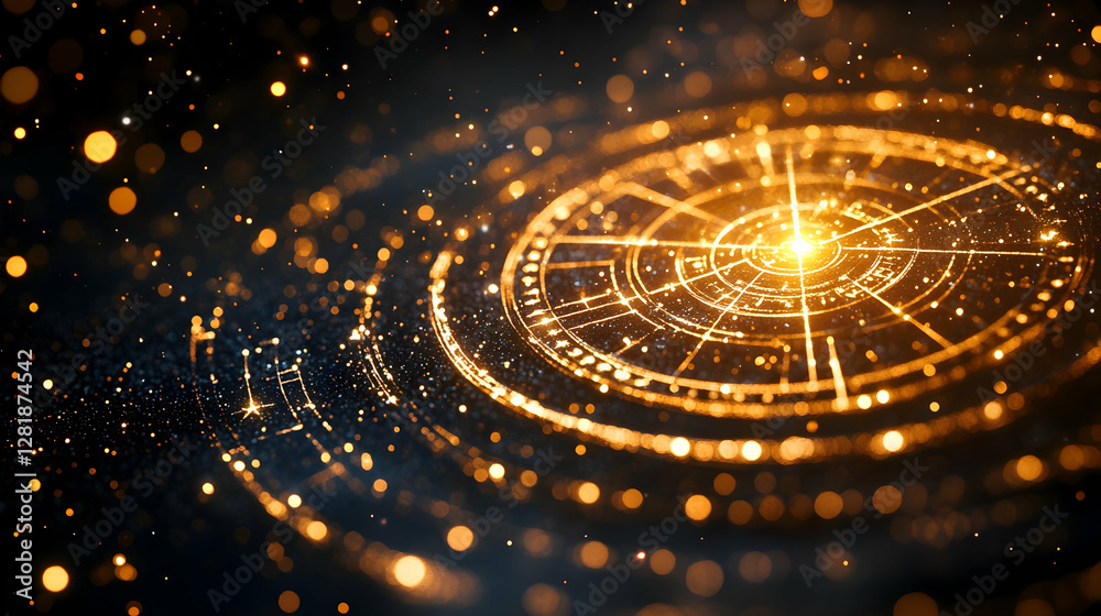 Abstract golden circle design, intricate patterns, cosmic background, digital art