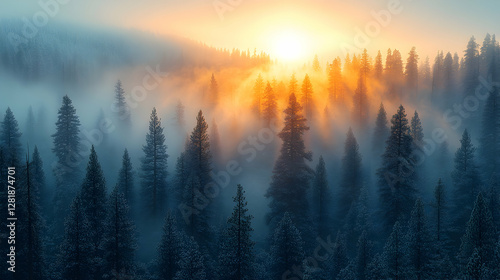 Sunrise over misty mountain forest; aerial view