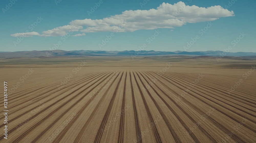 Naklejka premium Aerial view Farmland rows, desert landscape, sunny day