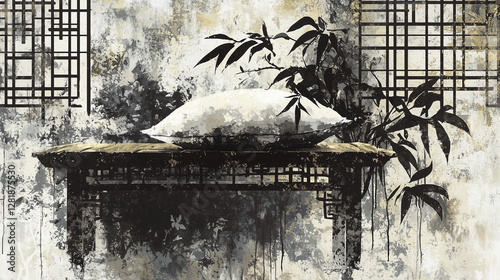 A plush pillow sits on a wooden table, rendered in soft Chinese ink art with tranquil, monochrome shades.