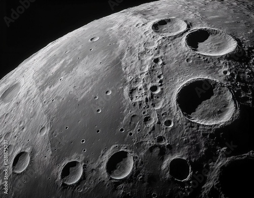 A highly detailed close-up of the Moon’s cratered surface, showing textures, shadows, and depth photo