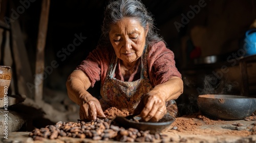 An elderly woman expertly prepares cacao in a rustic artisan setting, showcasing traditional methods and emphasizing the rich cultural heritage associated with chocolate production.