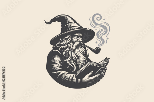 Old wizard reading a book and smoking a pipe, vintage engraving icon