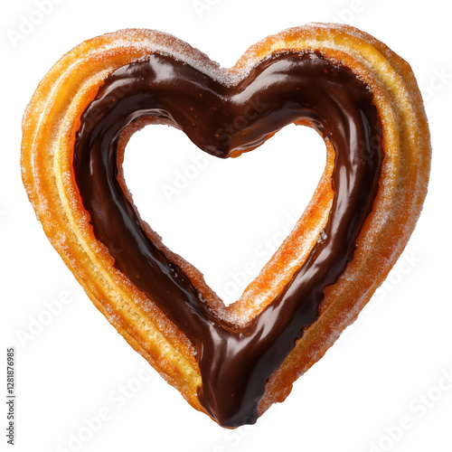 Heart-shaped churro dipped in rich dark chocolate, golden brown and crispy, isolated on transparent background.