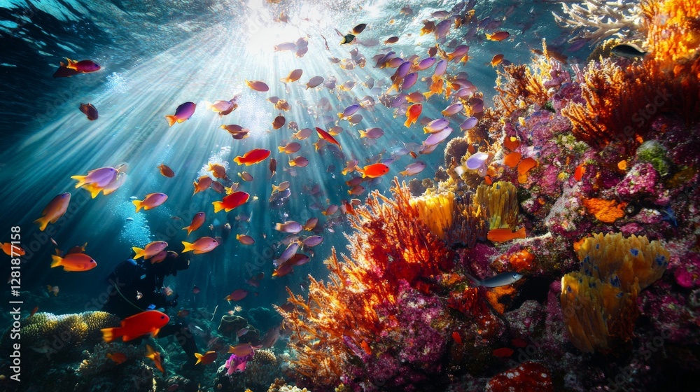 A scuba diver observing a school of colorful fish in a vibrant coral reef, sunlight filtering through the clear water to create dynamic patterns, captured in Raja Ampat, Indonesia A scuba diver observing a school of colorful fish in a vibrant coral reef, sunlight filtering through the clear water to create dynamic patterns, captured in Raja Ampat, Indonesia