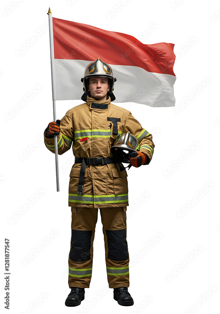 Firefighter Stands Proudly Holding National Flag Firefighter Stands Proudly Holding National Flag