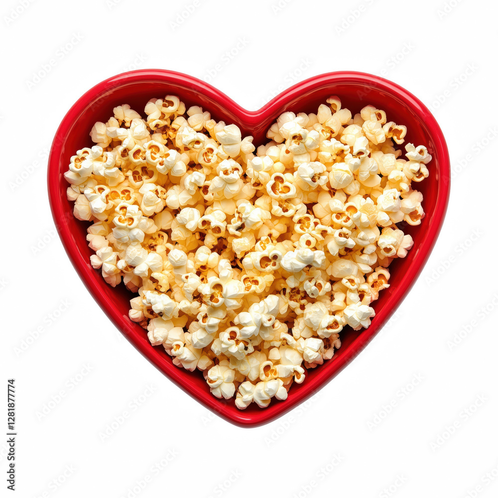Heart-shaped red bowl filled with fluffy, buttery popcorn, isolated on transparent background. Heart-shaped red bowl filled with fluffy, buttery popcorn, isolated on transparent background.