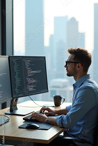 IT Administrator or Software Developer with Glasses Working on Code in Front of Computer Monitor