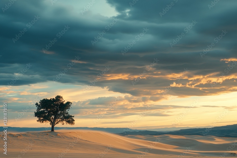 Fototapeta premium A serene shot of a lone tree in a vast desert landscape, soft shadows stretching across golden sand dunes under a dramatic sunset sky