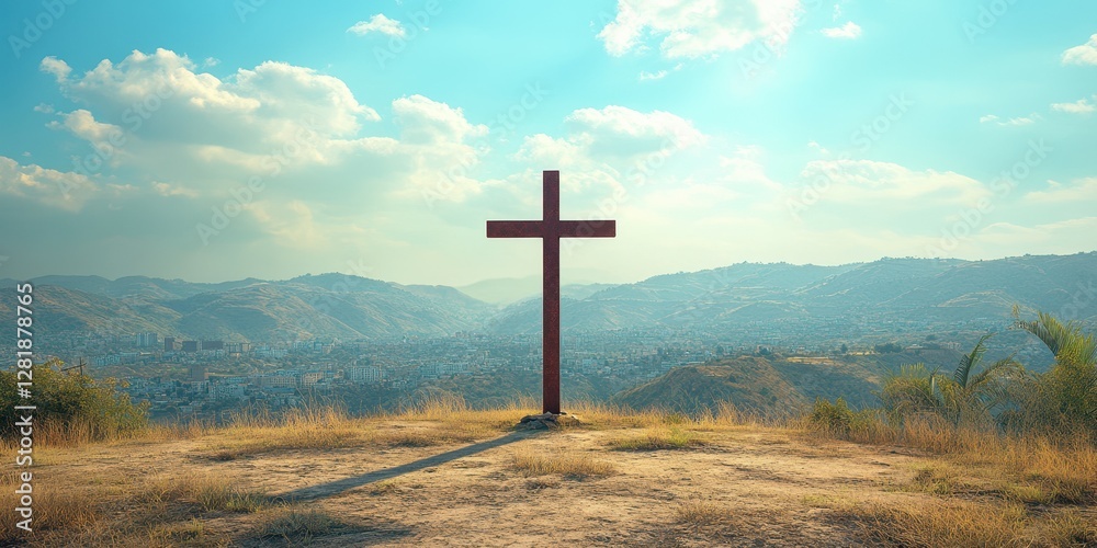 Cross overlooking a valley during golden hour with dramatic clouds in the background Cross overlooking a valley during golden hour with dramatic clouds in the background
