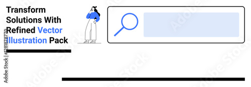 Woman contemplating next steps beside a search bar with magnifying glass emphasizing exploration, solutions, and innovation. Ideal for research, problem-solving, creativity, technology, marketing