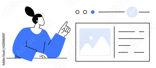 Person pointing at interactive digital content interface with an image and text blocks. Ideal for web design, user interface, content management, technology, education, presentations, tutorials. Line