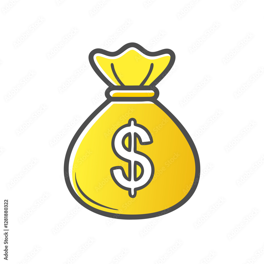 Bright yellow money bag icon with dollar sign on transparent background and outline Bright yellow money bag icon with dollar sign on transparent background and outline