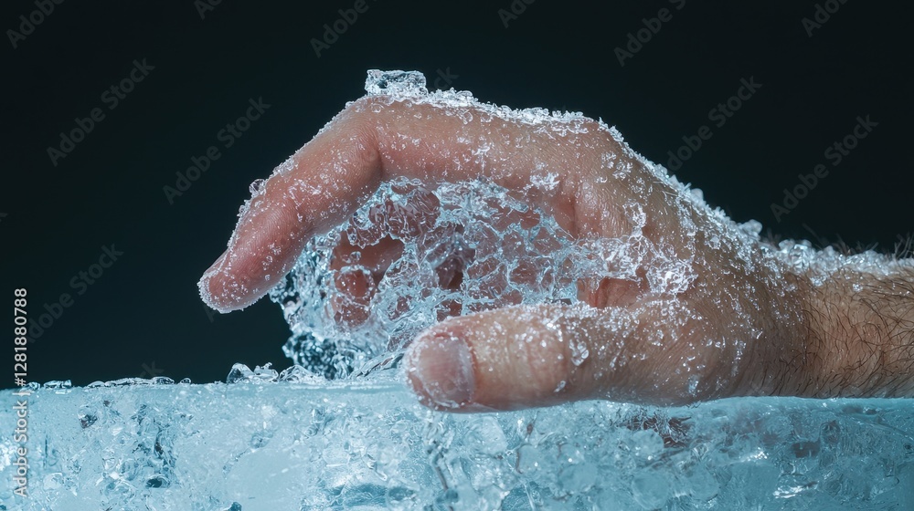 Fototapeta premium Hand Reaching Through Clear Water with Bubbles and Splash Effects