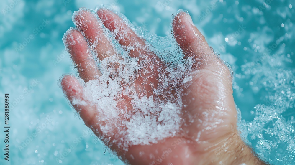 Fototapeta premium Hand Reaching for Water with Bubbles in Outdoor Pool Clear Blue