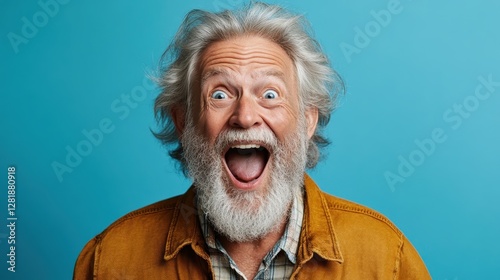 An elderly man with wild hair and a full beard showcases his excitement and joy with a wide open mouth, capturing a moment of pure happiness against a vibrant blue background.