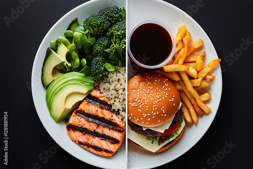 Healthy vs. Unhealthy Choices: A split-screen overhead shot showcases a divided plate, half filled with vibrant, nutritious food and the other half with indulgent, less healthy options. 