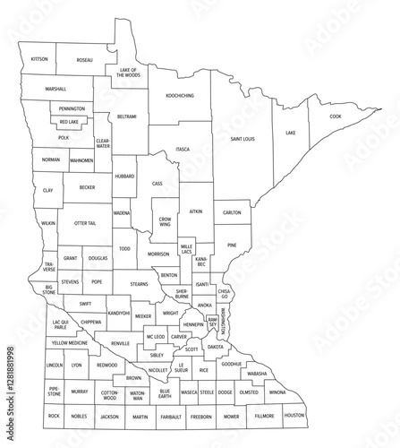 State of Minnesota subdivided into 87 counties, outline map. State in the Upper Midwestern region of the United States, nicknamed North Star State. Map with boundaries and county names. Vector