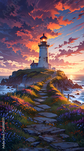 Phone wallpaper - lighthouse on the coast (Generative AI)