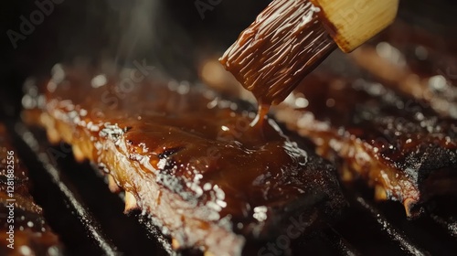 BBQ ribs basted with sauce on grill.