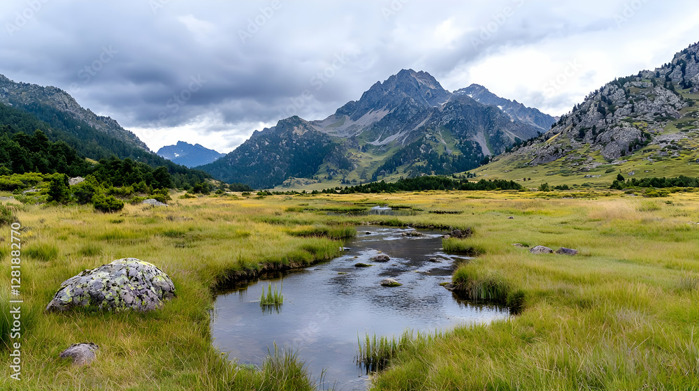 Mountain valley stream, Pyrenees landscape, calm nature, travel background Mountain valley stream, Pyrenees landscape, calm nature, travel background
