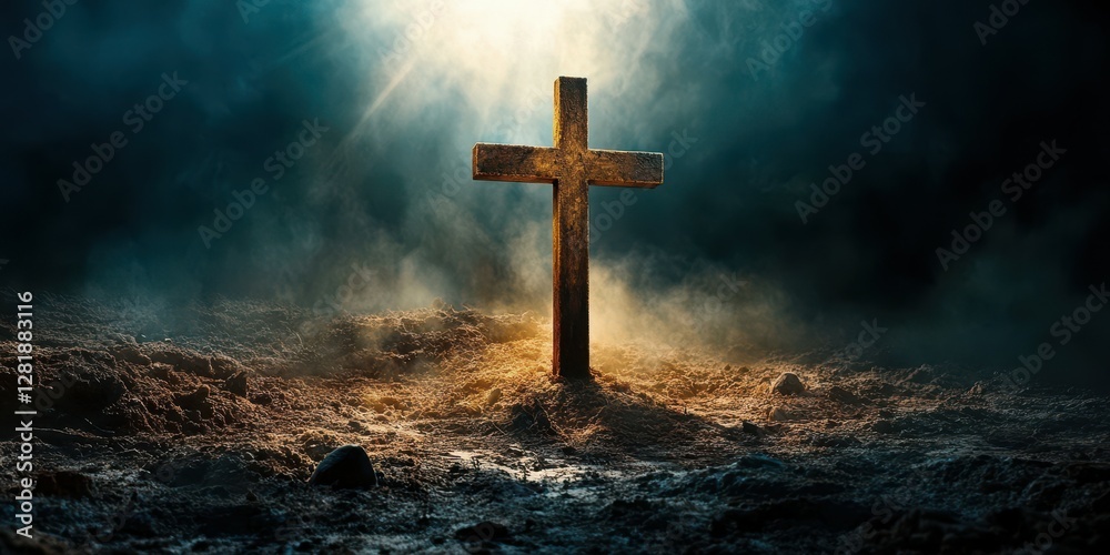 Fototapeta premium Symbol of faith stands in a misty landscape during twilight evoking a sense of spirituality and reflection