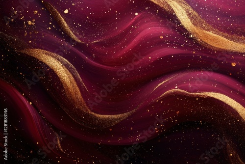 Elegant abstract burgundy and gold background with flowing lines and sparkling glitter effect for luxurious design