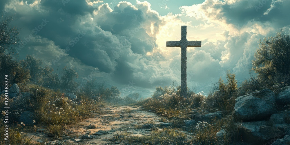 Naklejka premium Serene landscape with a cross surrounded by clouds and greenery during sunset