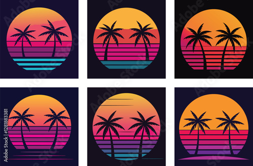  A neon palm tree with a cyberpunk sunset on a beach.