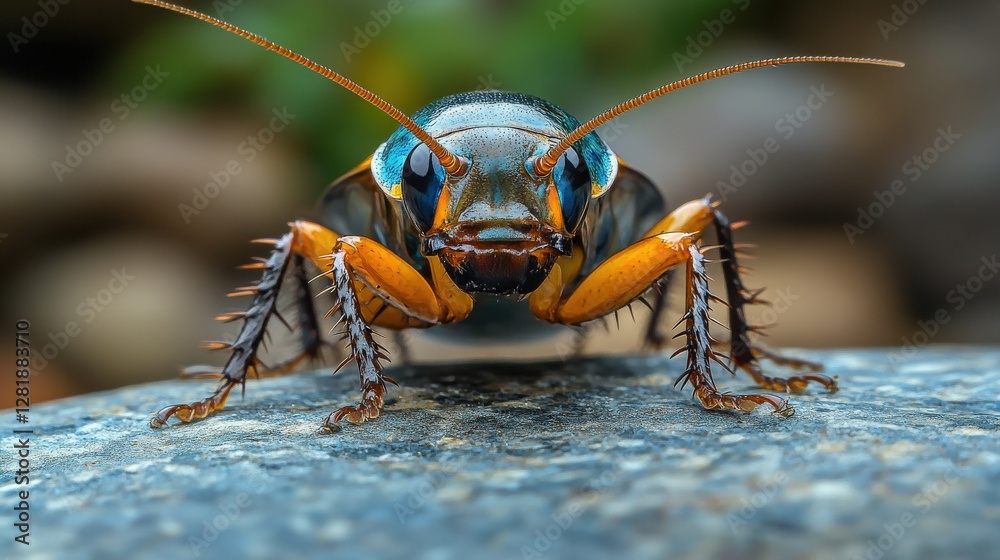Fototapeta premium Close-up of a vibrant insect perched on a rock, with blurred greenery in the background