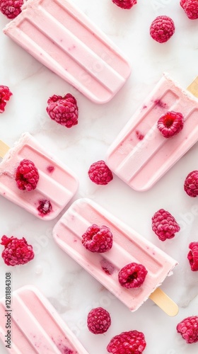 creamy raspberry yogurt popsicles with vibrant red fruit swirls, soft pink hue, arranged on white marble background, fresh raspberries scattered around, bright airy composition