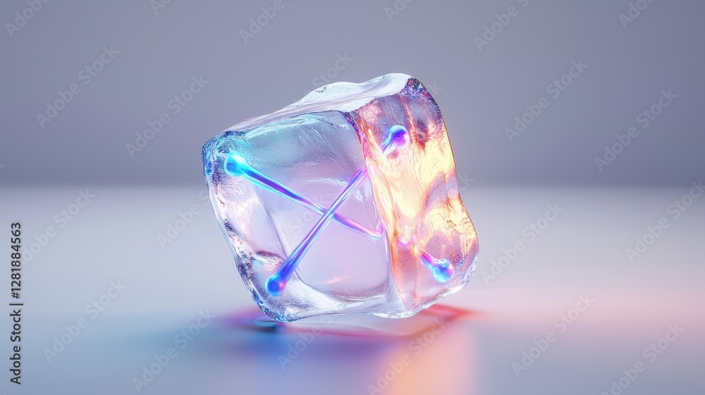 Vibrant Cube of Ice with Illuminated Lines and Colorful Reflection Vibrant Cube of Ice with Illuminated Lines and Colorful Reflection