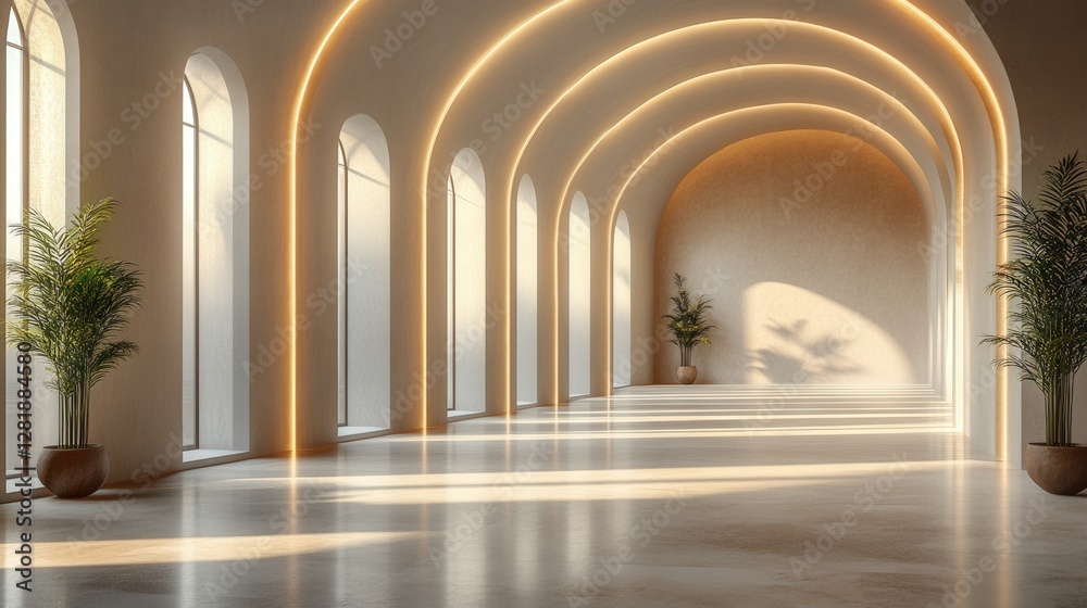 Obraz premium Serene modern interior with arched windows and soft lighting, showcasing elegant design elements