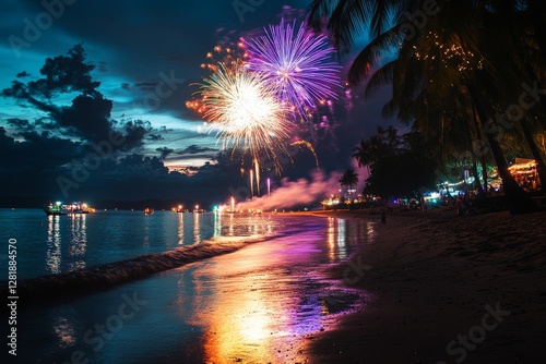 A tropical beach at night with vibrant fireworks lighting up the sky, reflections shimmering on the water, and silhouettes of palm trees framing the scene, taken in Bali