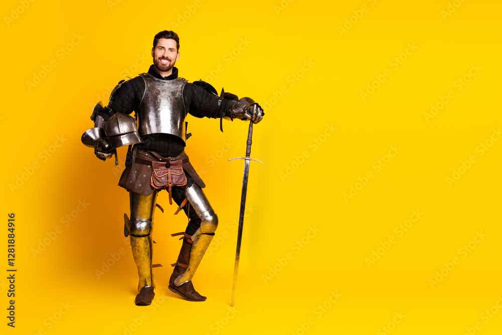 Armored warrior holding a sword on a vibrant yellow background, portraying a historical medieval knight in a classic costume Armored warrior holding a sword on a vibrant yellow background, portraying a historical medieval knight in a classic costume