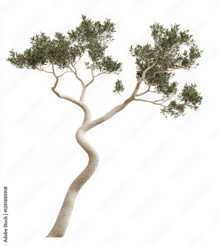 Fototapeta premium Unique twisted tree with green leaves on a white background