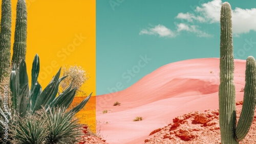 A colorful desert collage with cacti, succulents, and bold yellow and pink hues creating a striking visual.