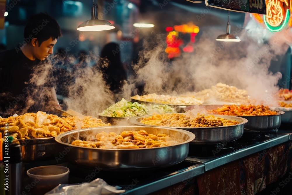 Fototapeta premium A vibrant night market scene with steaming food stalls, colorful neon signs, and a bustling crowd enjoying street food in Bangkok, Thailand