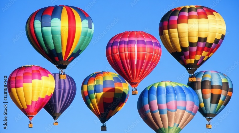 Fototapeta premium A vibrant hot air balloon festival with dozens of colorful balloons floating in a clear blue sky, soft morning light enhancing their vivid patterns, photographed in Albuquerque, New Mexico