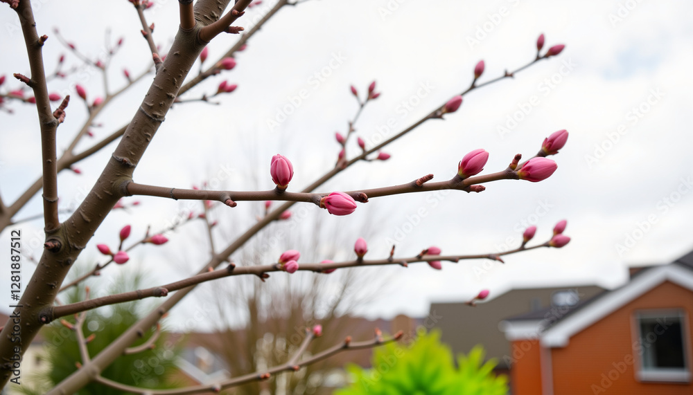 Bare branches with pink buds against cloudy sky, spring serenity Bare branches with pink buds against cloudy sky, spring serenity