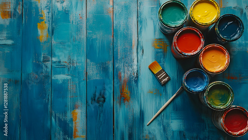 Colorful paint cans and brushes on a blue wooden background.