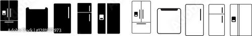 set of Refrigerators line and flat icon. Fridge types, freezer, wine cooler, commercial major appliance, refrigerated display case. Thin linear signs for household equipment shop,