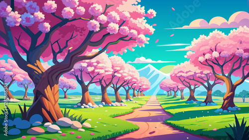 vibrant photograph of cherry blossoms in orchard, showcasing pink trees under blue sky. scene evokes sense of tranquility and beauty in nature
