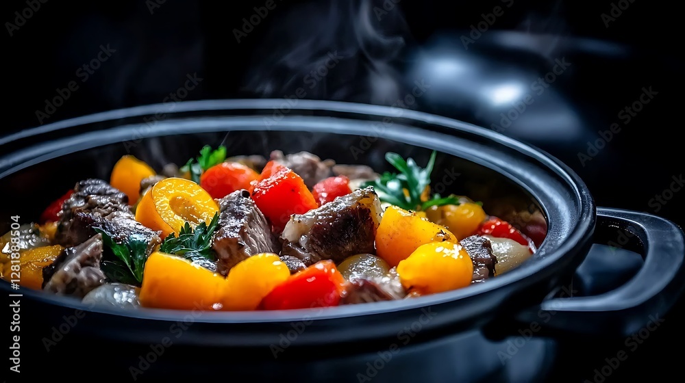 Colorful beef stew with vegetables steaming in a pot, set against a dark kitchen background Colorful beef stew with vegetables steaming in a pot, set against a dark kitchen background