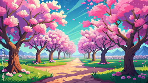 vibrant photograph of cherry blossoms in orchard, showcasing pink trees under blue sky. scene evokes sense of tranquility and beauty in nature
