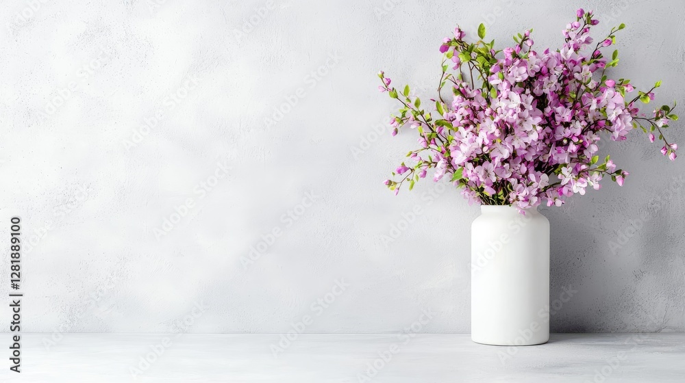 Fototapeta premium Purple spring blossoms in a white ceramic vase stand against a textured grey wall in a minimalist indoor setting.