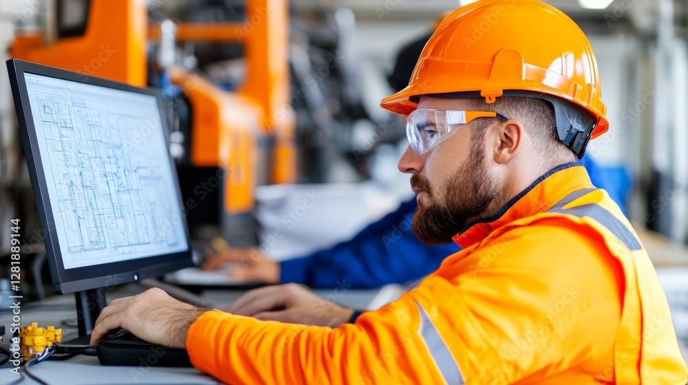 Construction Worker Focused on Digital Blueprint in Industrial Setting Construction Worker Focused on Digital Blueprint in Industrial Setting